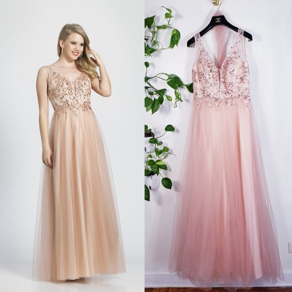 NWT‎ DAVE JOHNNY Blush Pink Tulle Maxi Dress Junior 7 MEDIUM Gown Beaded Wedding - Picture 1 of 13